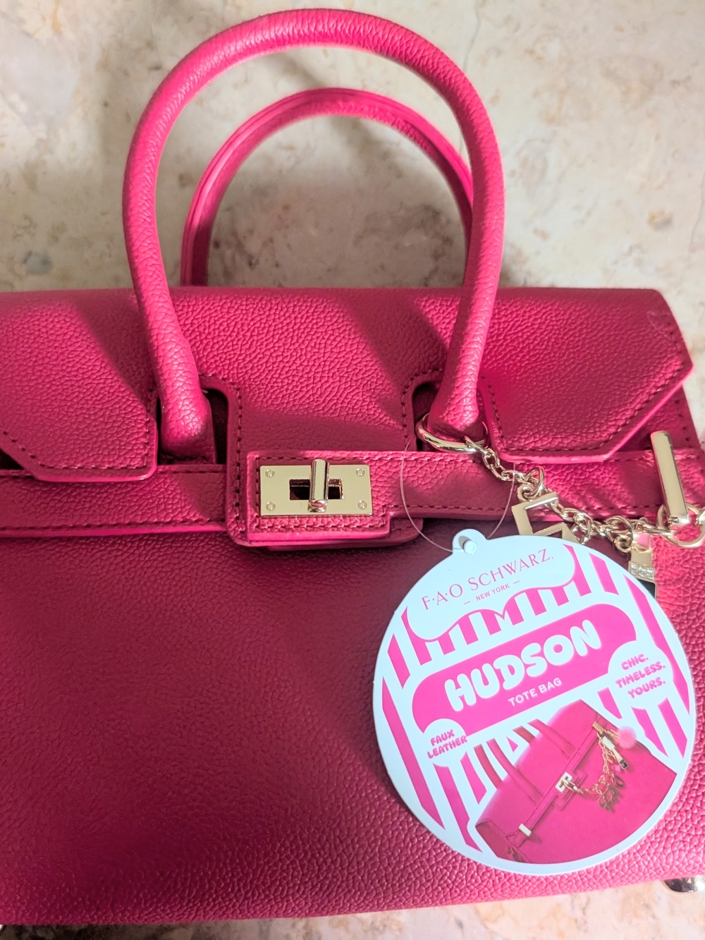 FAO Schwarz Hudson Hot Pink Mini Tote Bag with Pom Charm - Picture 7 of 11